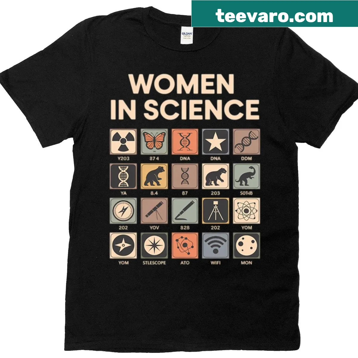 T-shirt promoting women in science with the phrase 'Women In Science' — on a men's t-shirt