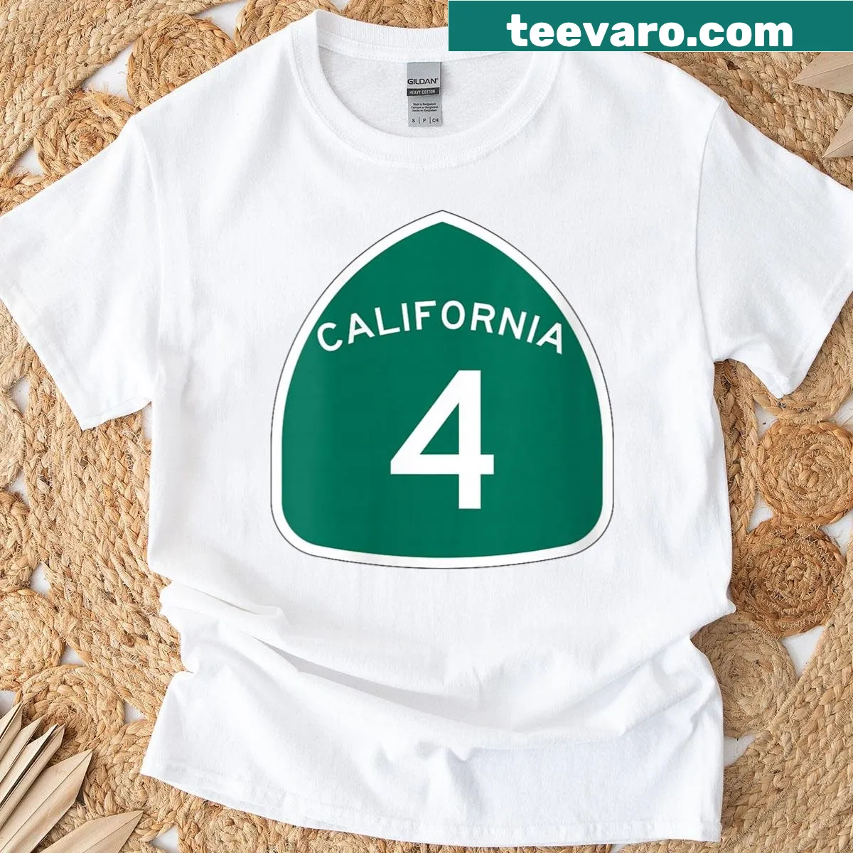 Graphic T-shirt featuring California Highway 4 sign for travel enthusiasts. — on a men's t-shirt