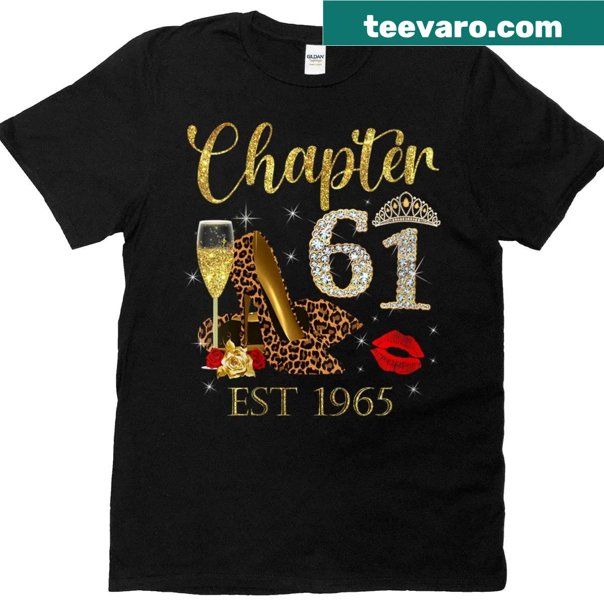 Stylish birthday t-shirt celebrating 61 years with wine and heels — on a men's t-shirt