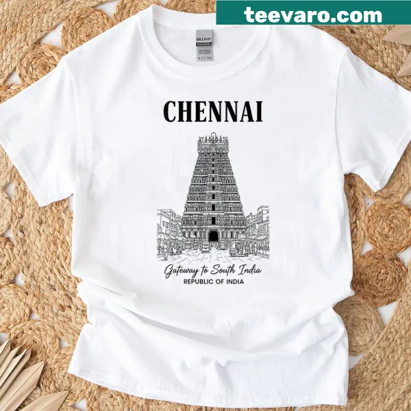 T-shirt featuring an illustration of a temple tower from Chennai, India.
