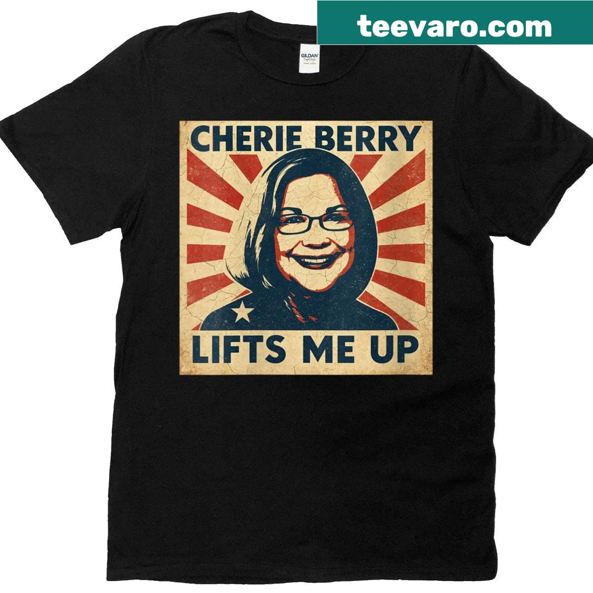 Funny t-shirt featuring Cherie Berry propaganda poster design — on a men's t-shirt
