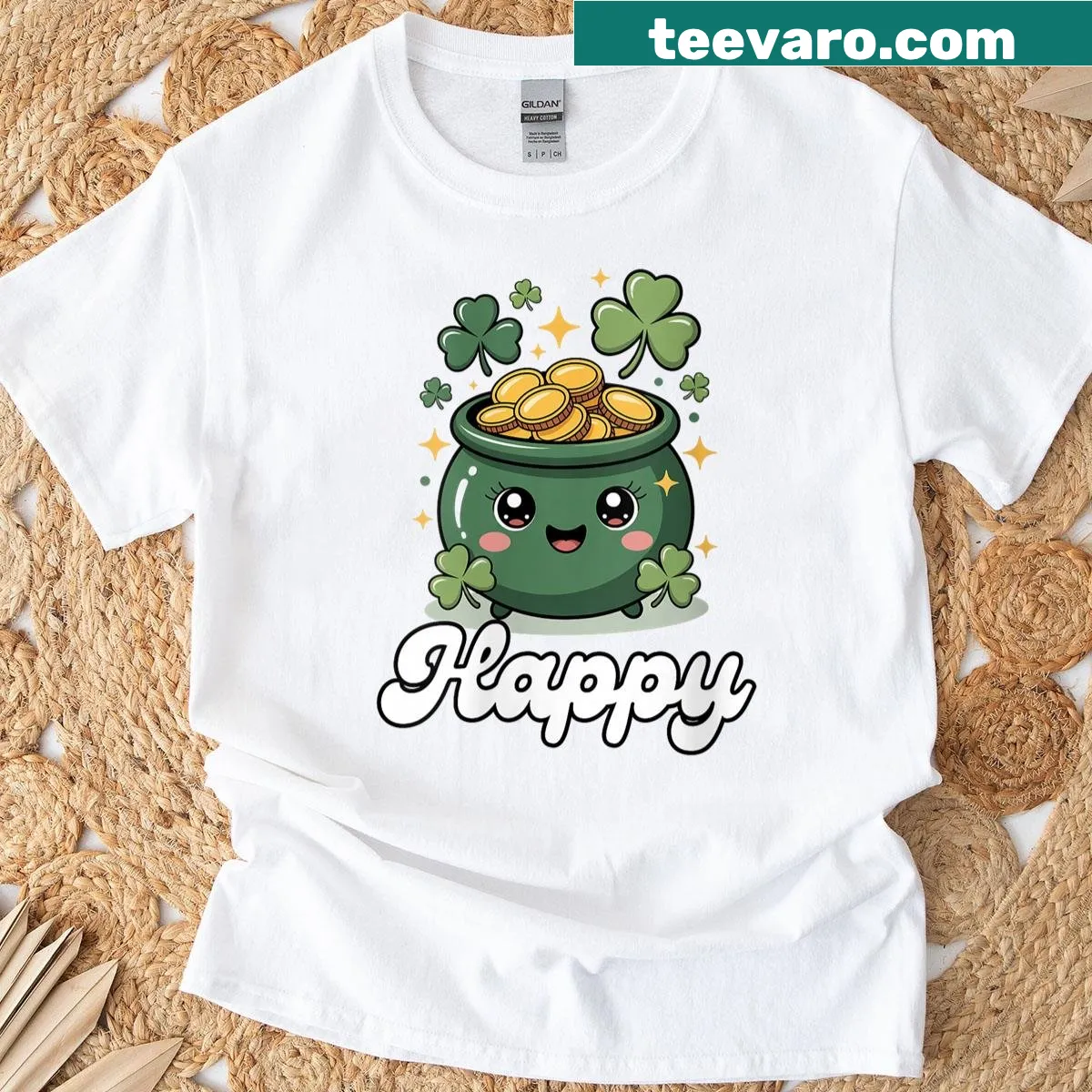 Happy St. Patrick's Day t-shirt with shamrocks graphic — on a men's t-shirt