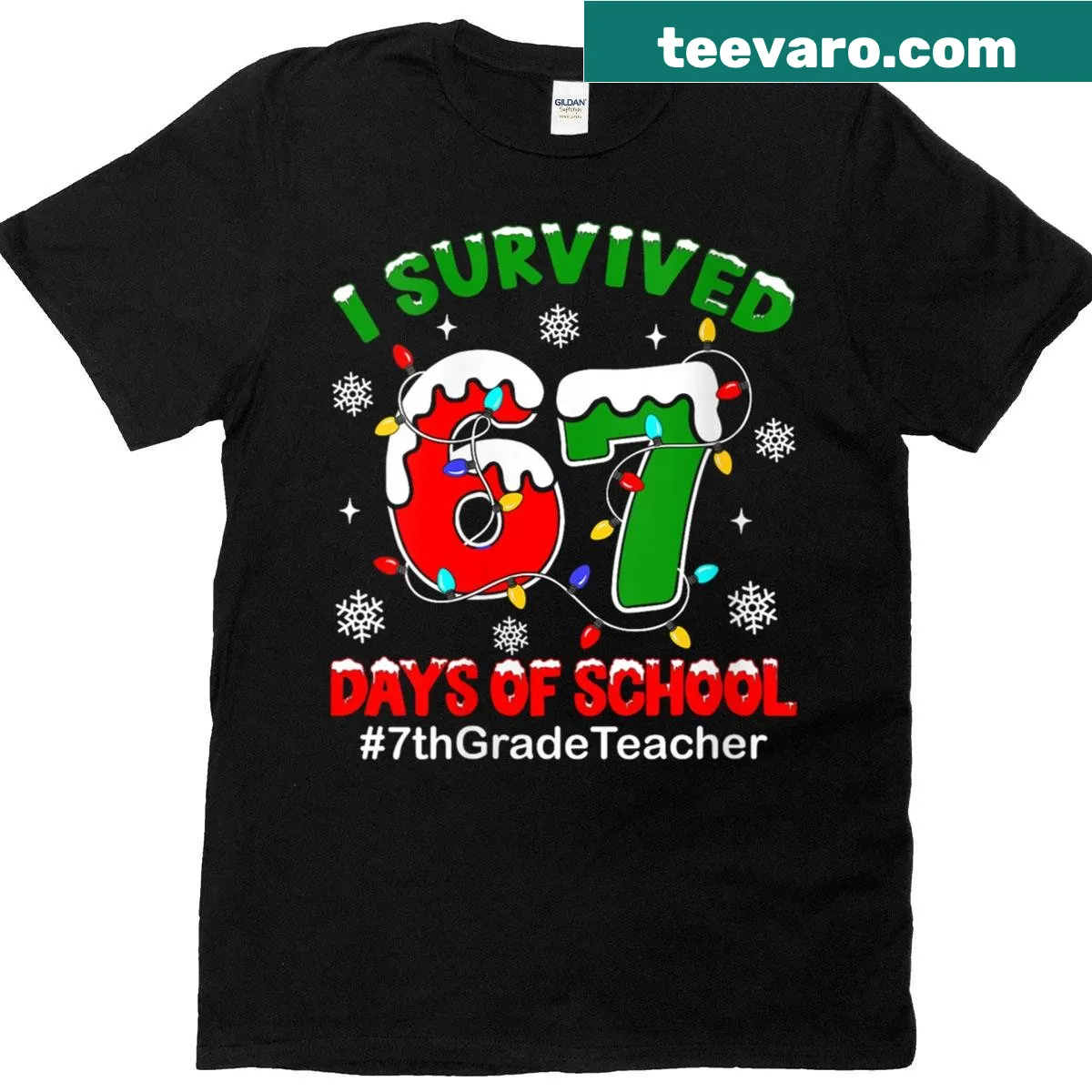 Christmas T-shirt for 7th-grade teachers stating 'I Survived 67 Days Of School' — on a men's t-shirt