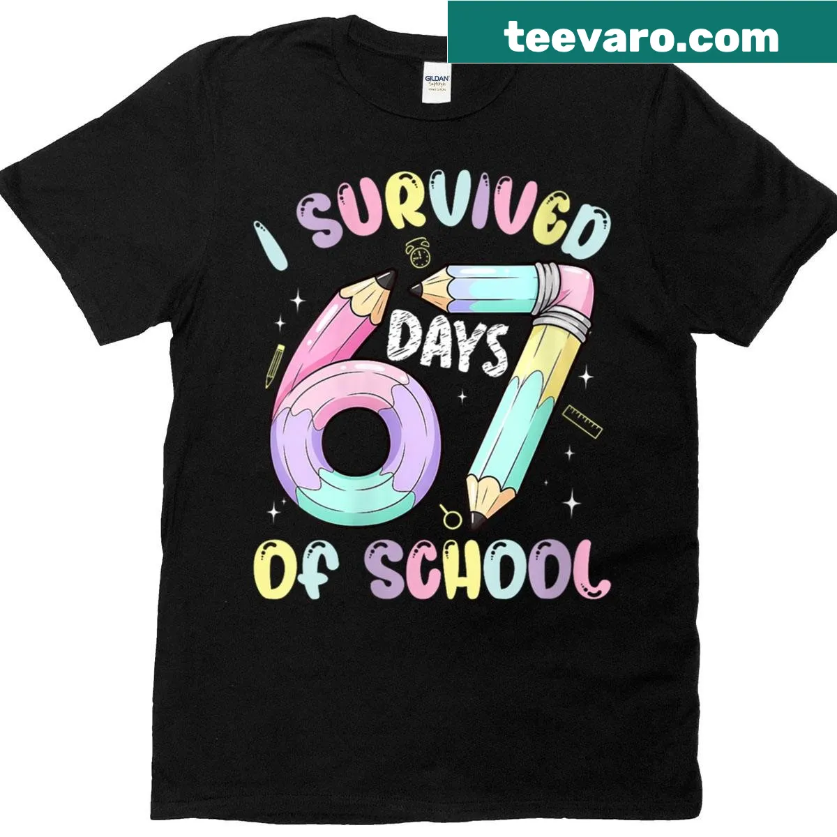 Funny t-shirt declaring survival of 67 school days — on a men's t-shirt