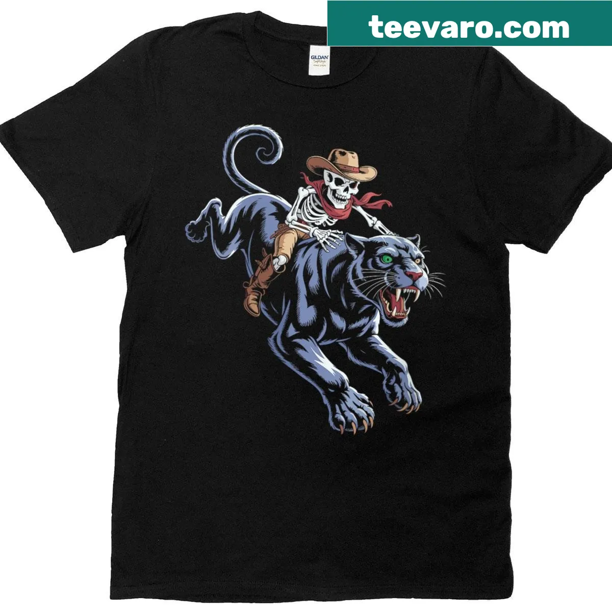 Edgy Halloween t-shirt featuring a panther and cowboy skeleton illustration. — on a men's t-shirt