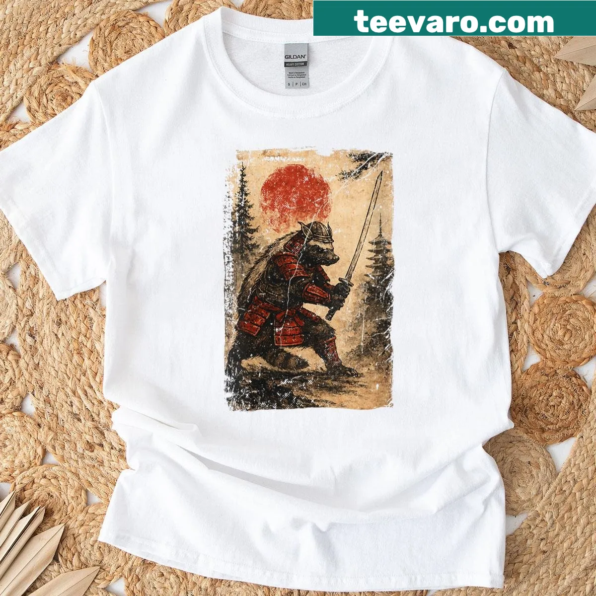 Vintage graphic T-shirt featuring a humorous samurai honey badger design. — on a men's t-shirt