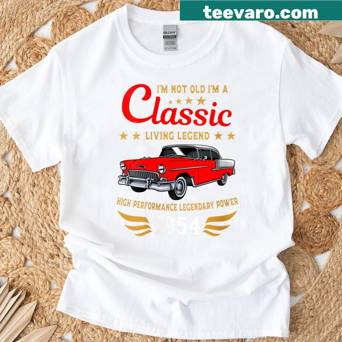 Vintage car graphic celebrating 1954 birthday on a t-shirt — on a men's t-shirt