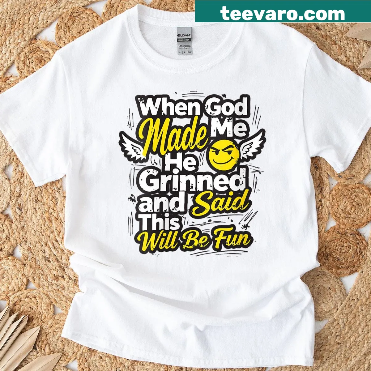 Hand-lettered shirt with the saying 'When God Made Me, He Grinned' — on a men's t-shirt