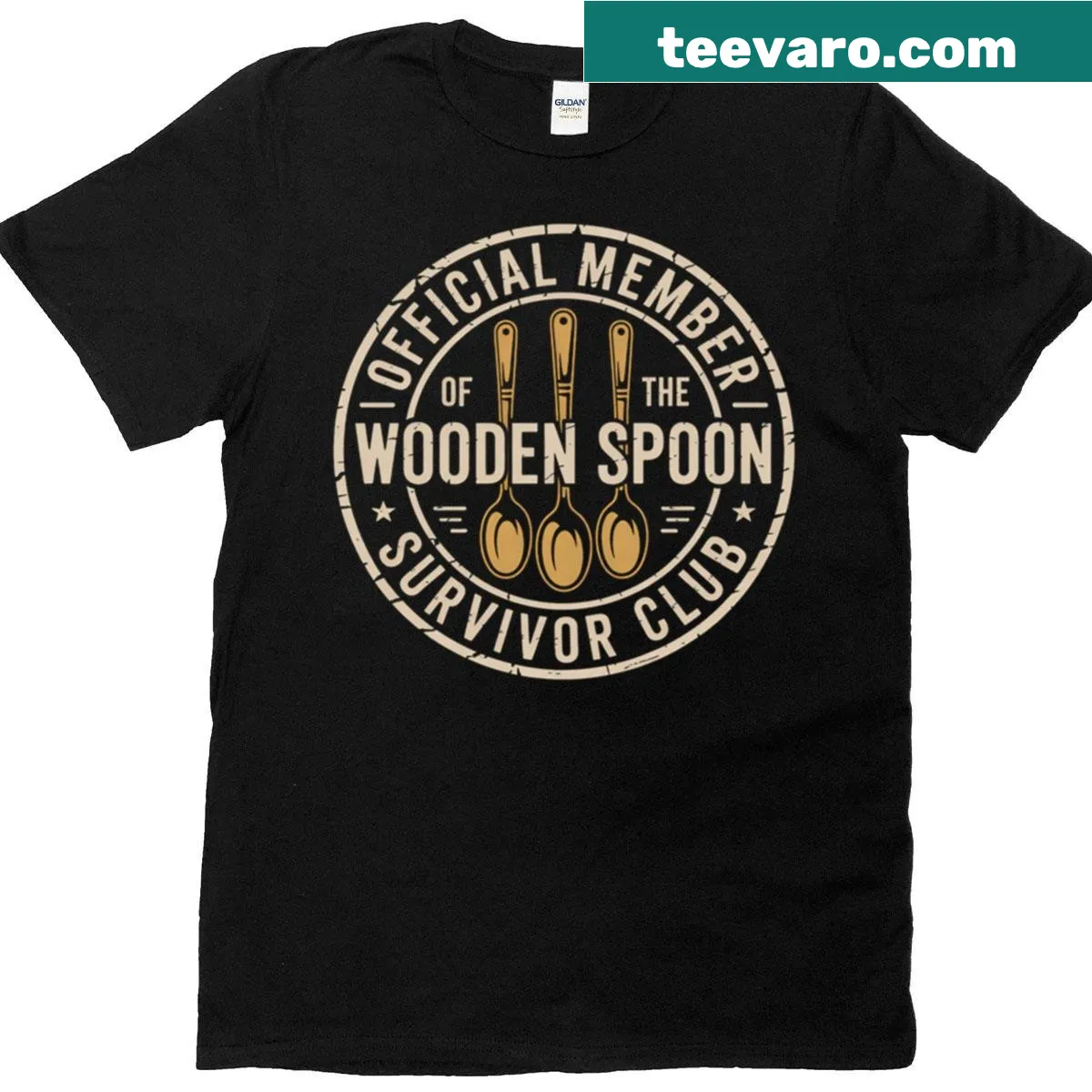 Playful T-shirt with 'Wooden Spoon Survivor' text — on a men's t-shirt