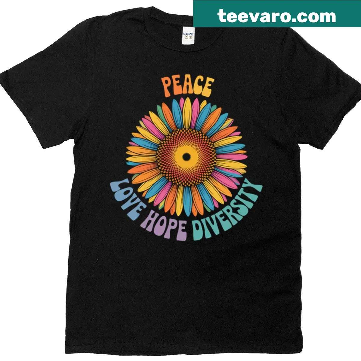 Sunflower floral T-shirt with illustrations promoting peace and kindness — on a men's t-shirt