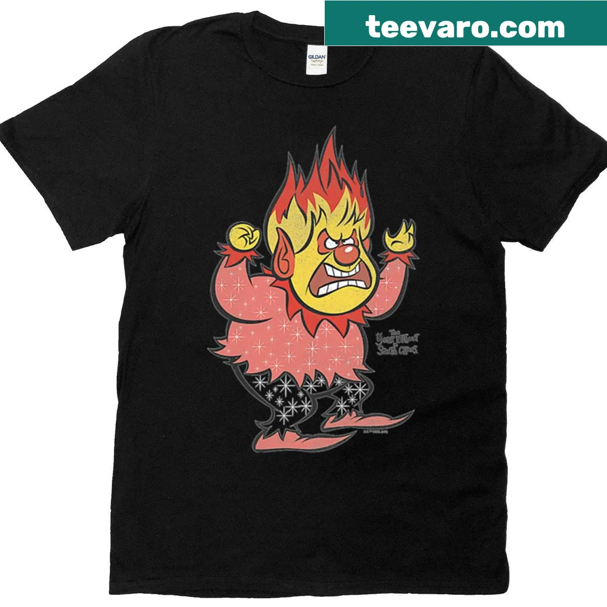 Angry flame character in cartoon style for holiday wear. — on a men's t-shirt