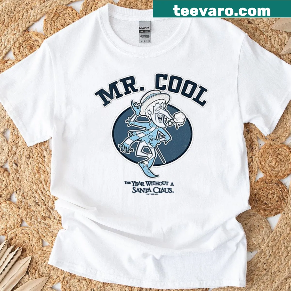 T-shirt with playful illustration of a winter figure running — on a men's t-shirt