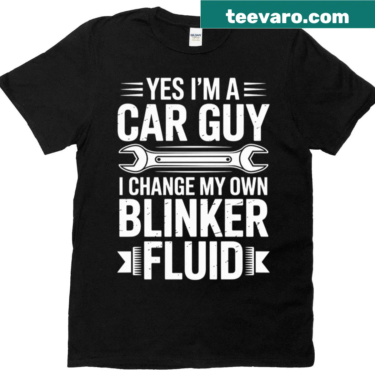 Funny mechanic t-shirt about changing blinker fluid — on a men's t-shirt