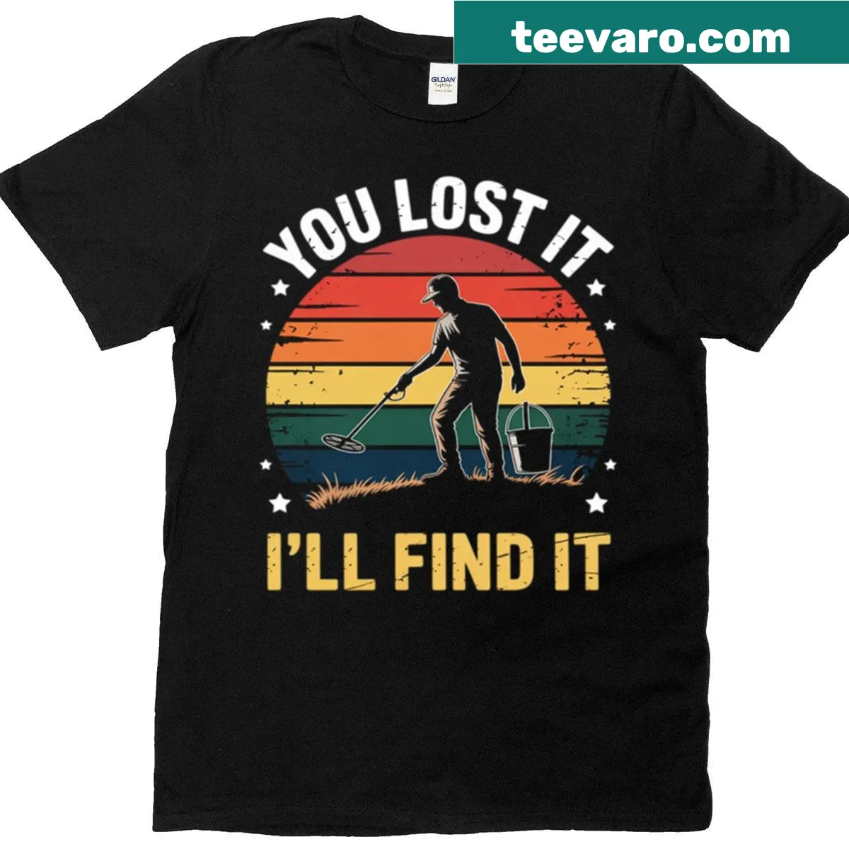 Metal detecting t-shirt with humorous treasure hunting text — on a men's t-shirt