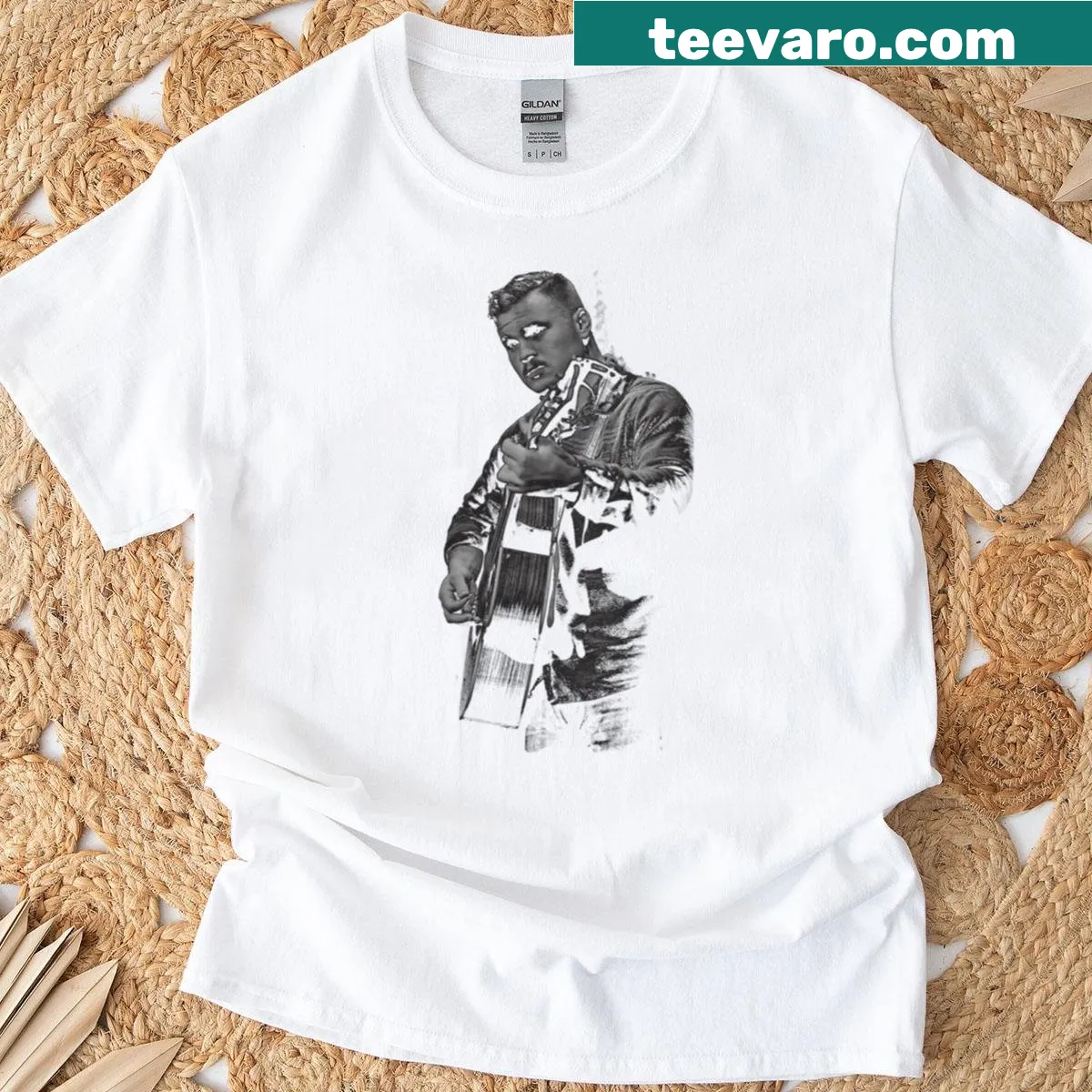 Illustrated Zach Brian music-themed t-shirt — on a men's t-shirt