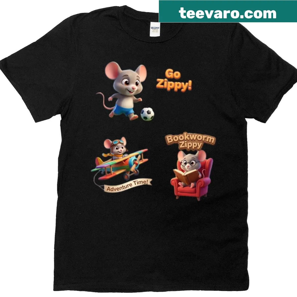 Cartoon mascot t-shirt featuring Zippy the 3D mouse — on a men's t-shirt