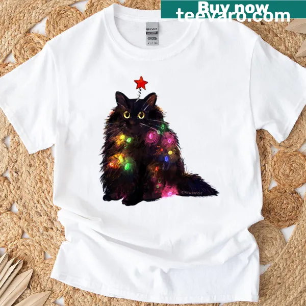 Black cat with Christmas lights graphic on T-shirt