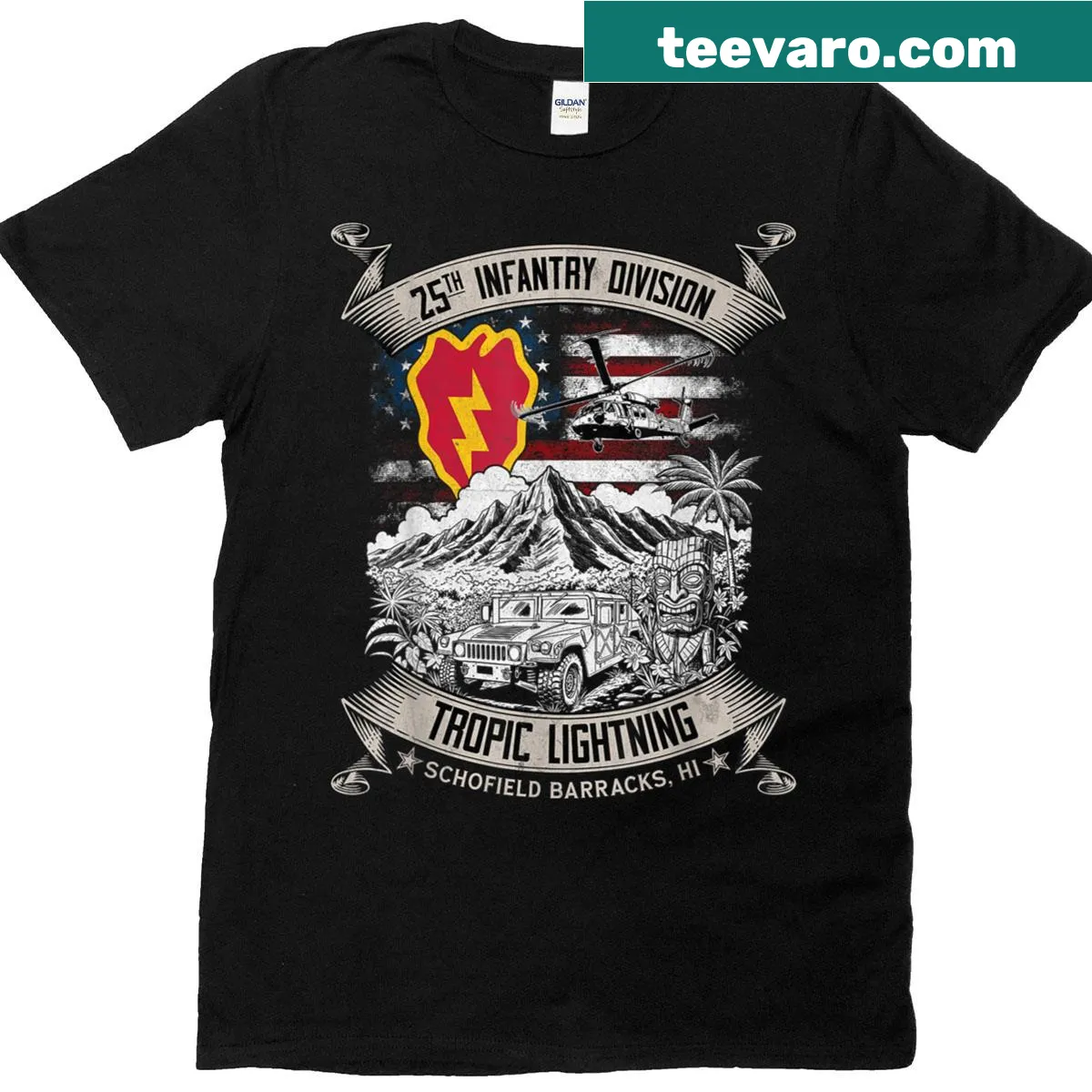 T-shirt featuring the 25th Infantry Division badge emblem — on a men's t-shirt
