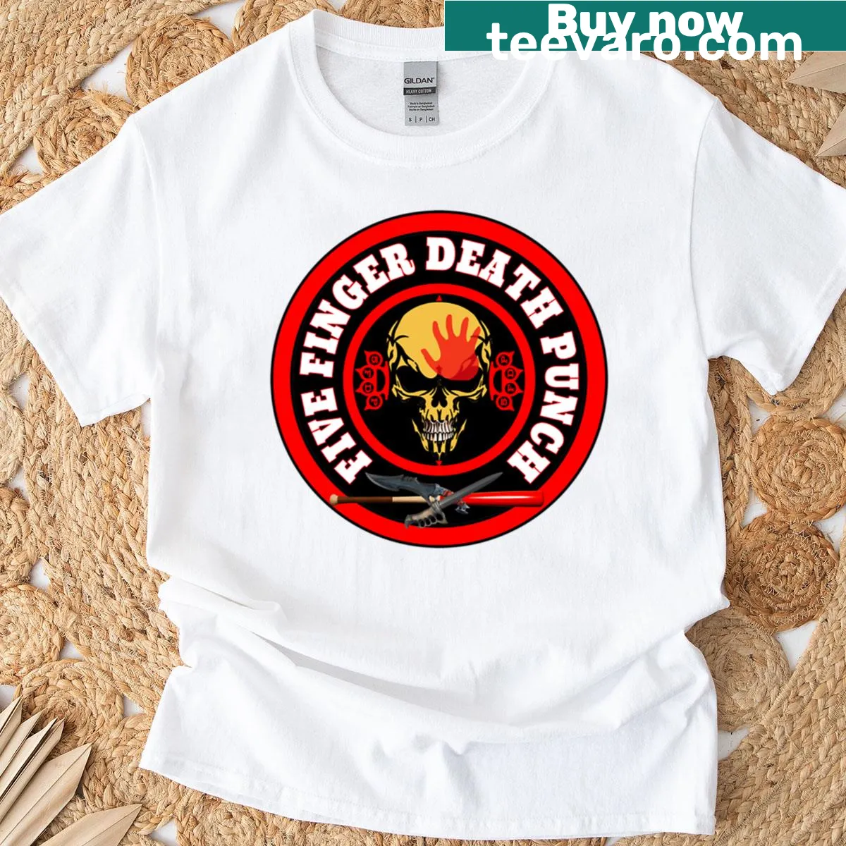5 Finger Death Punch band logo T-shirt — on a men's t-shirt