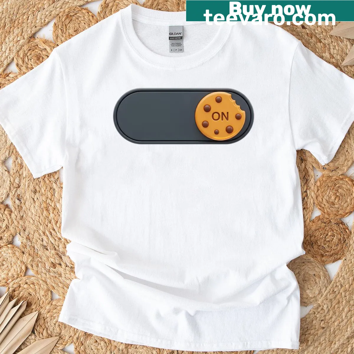 T-shirt with a toggle switch graphic and cookie design — on a men's t-shirt