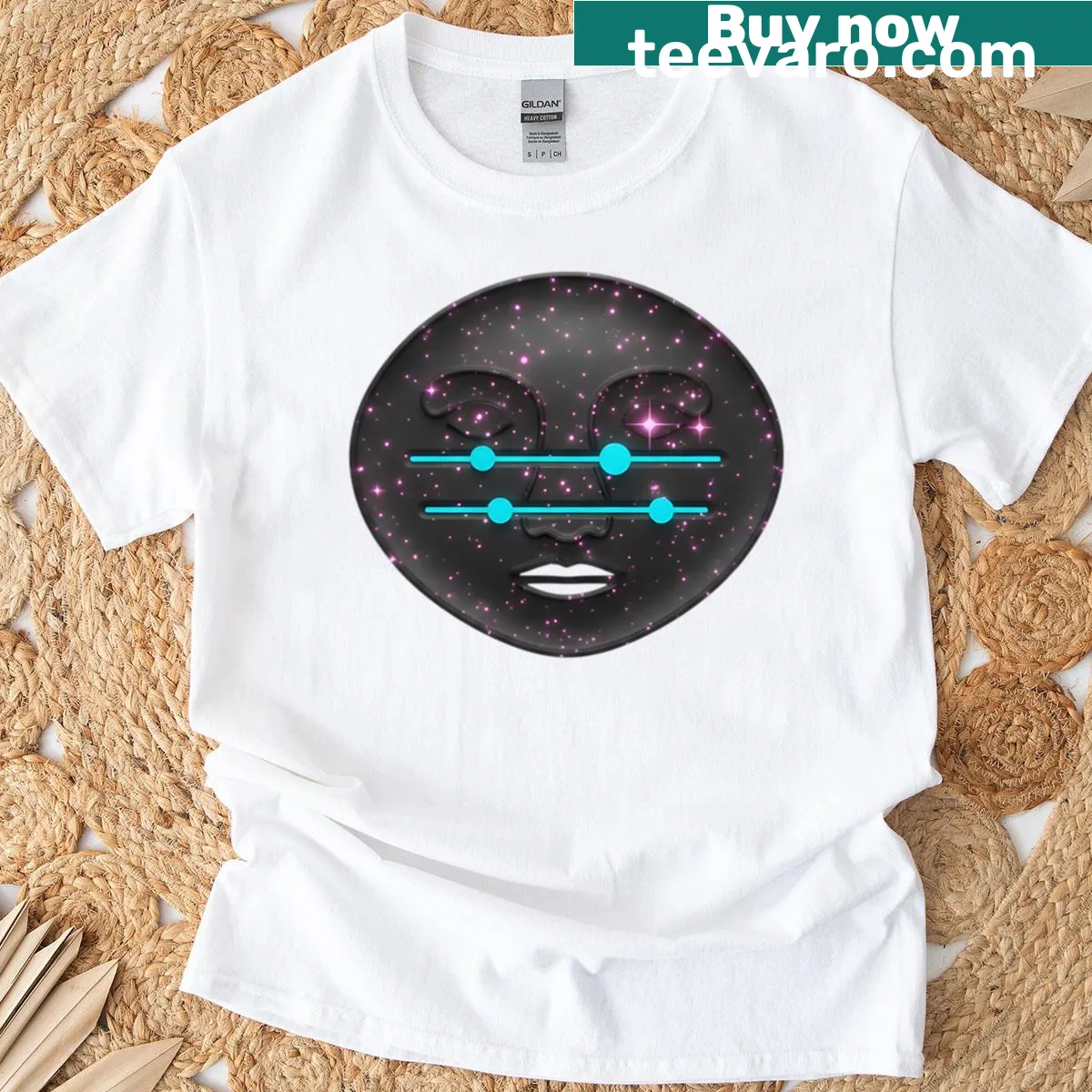 Edgy T-shirt with dark stylized face and glowing graphic elements — on a men's t-shirt