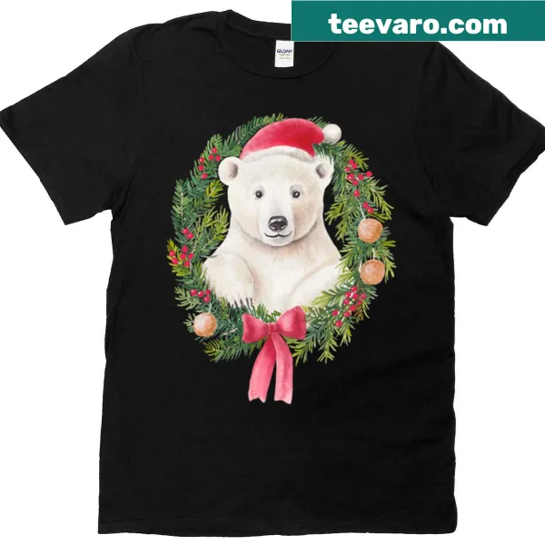 Illustrated polar bear in a Christmas wreath graphic