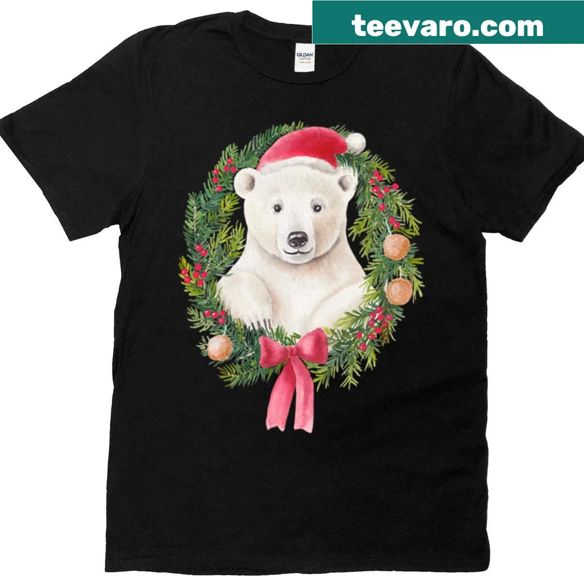 Illustrated polar bear in a Christmas wreath graphic — on a men's t-shirt