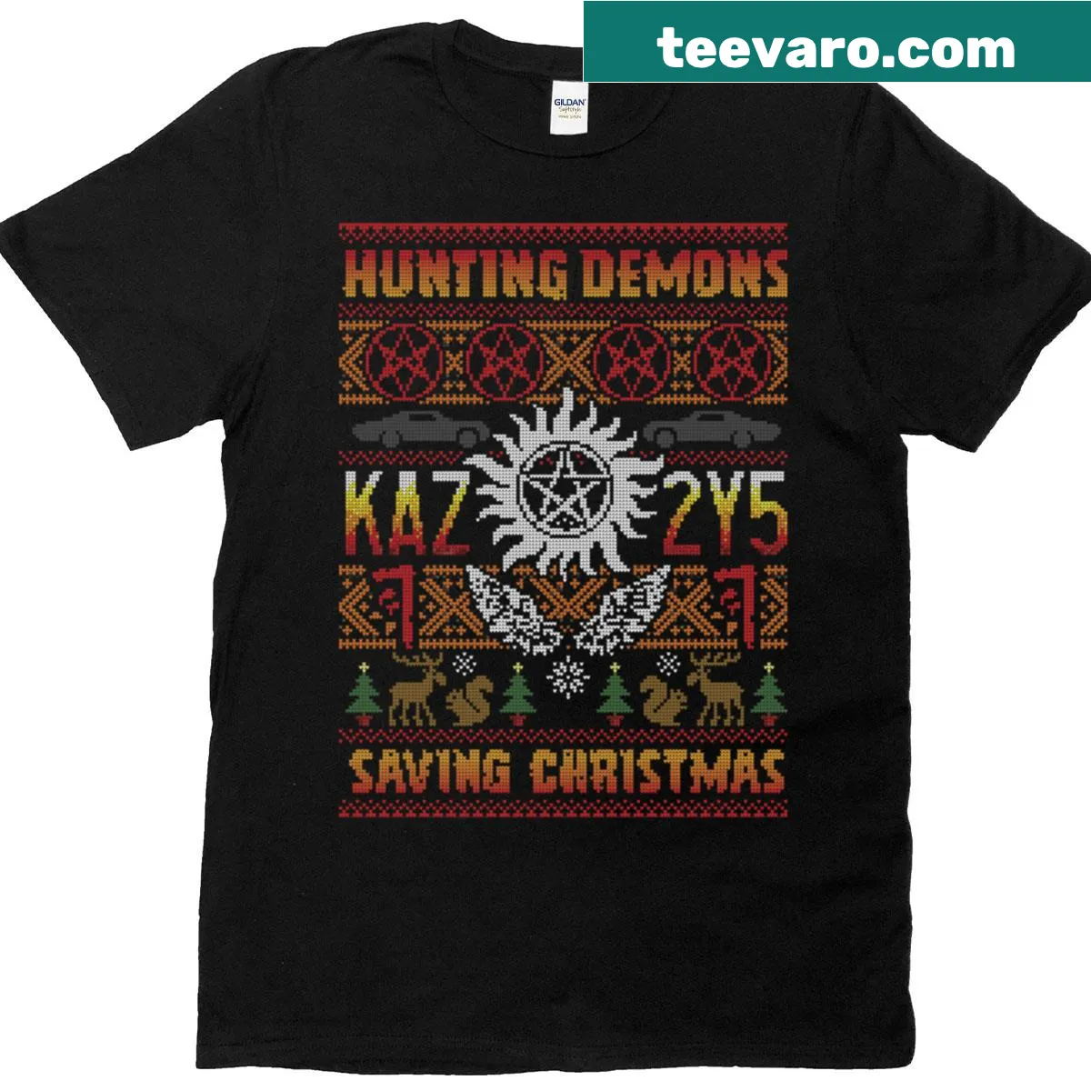 Festive T-shirt with supernatural-themed Christmas graphics — on a men's t-shirt