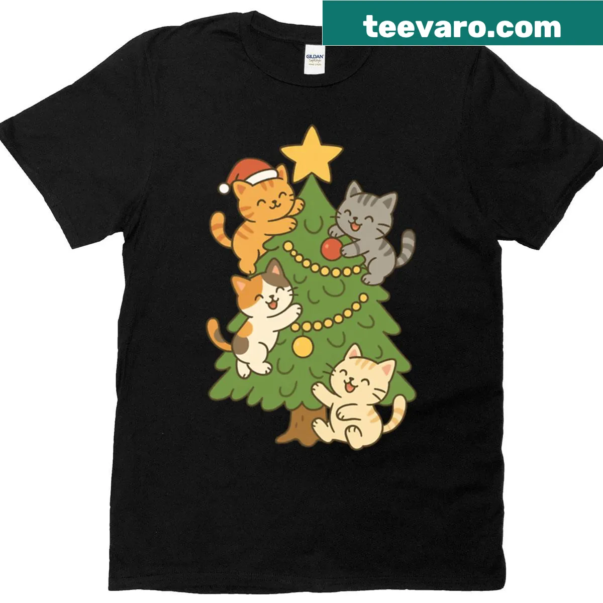 Kittens playing in a Christmas tree graphic on a T-shirt — on a men's t-shirt