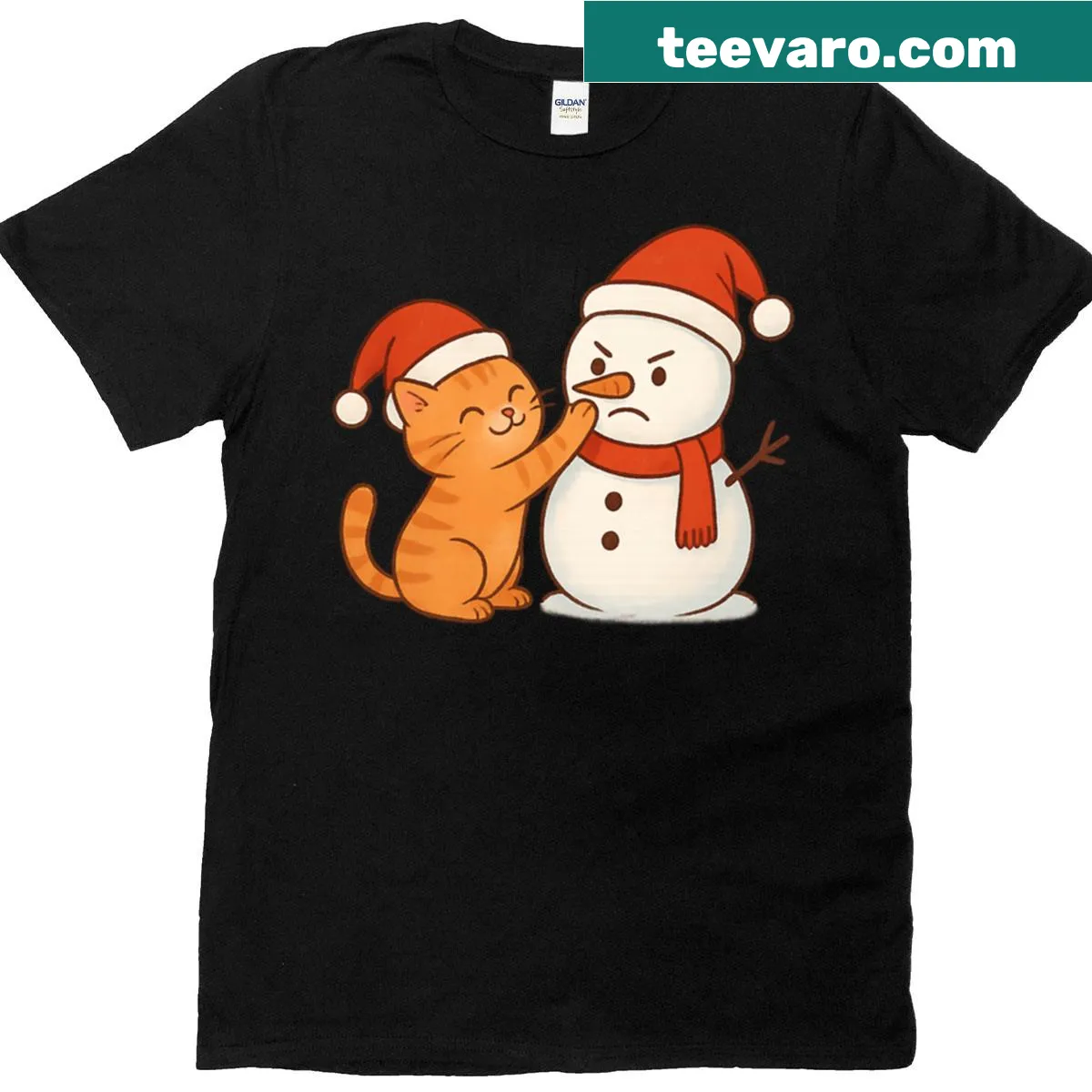 Cute t-shirt featuring an orange kitten playing with a snowman — on a men's t-shirt