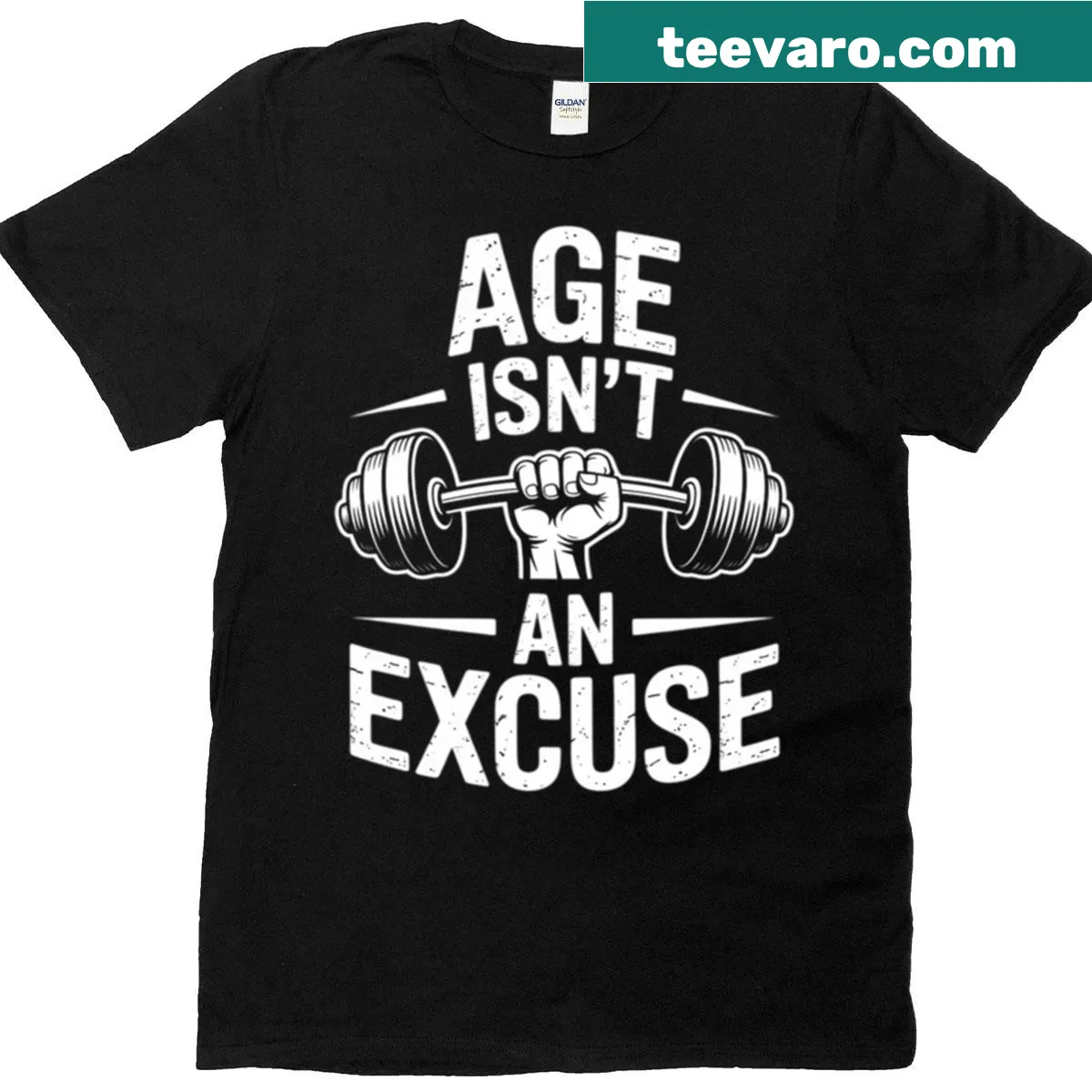 Motivational fitness T-shirt with 'Age Isn't An Excuse' quote. — on a men's t-shirt