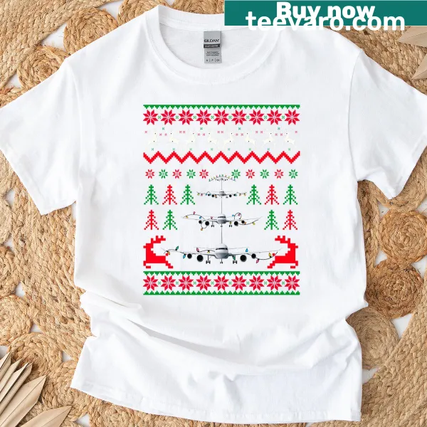 Playful airplane-themed Christmas t-shirt with pilots