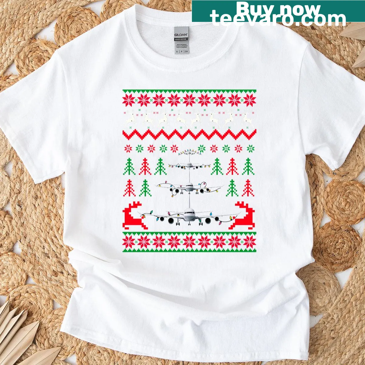 Playful airplane-themed Christmas t-shirt with pilots — on a men's t-shirt