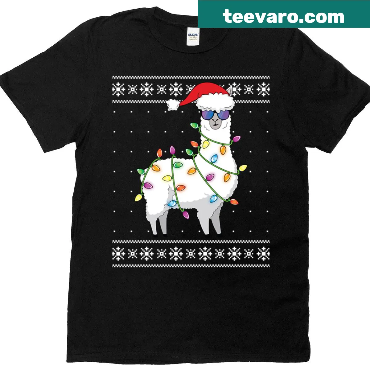 Funny alpaca in a Christmas tree outfit graphic — on a men's t-shirt