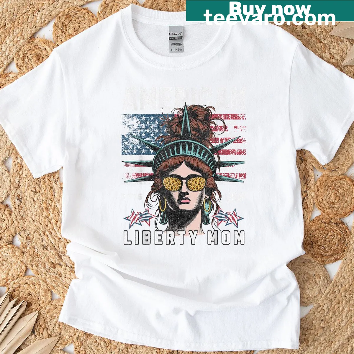 Vintage-style patriotic T-shirt with 'American Liberty Mom' text — on a men's t-shirt