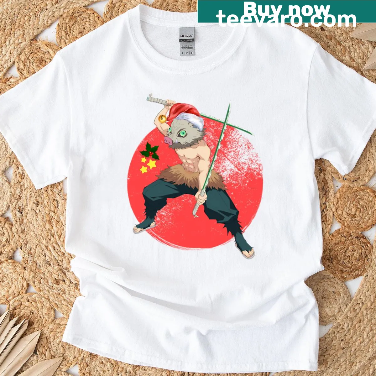 Anime warrior swordsman with boar mask on a t-shirt — on a men's t-shirt