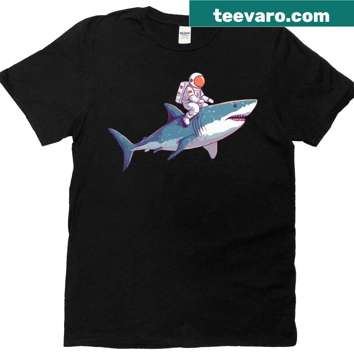 Illustration of an astronaut riding a shark in space — on a men's t-shirt