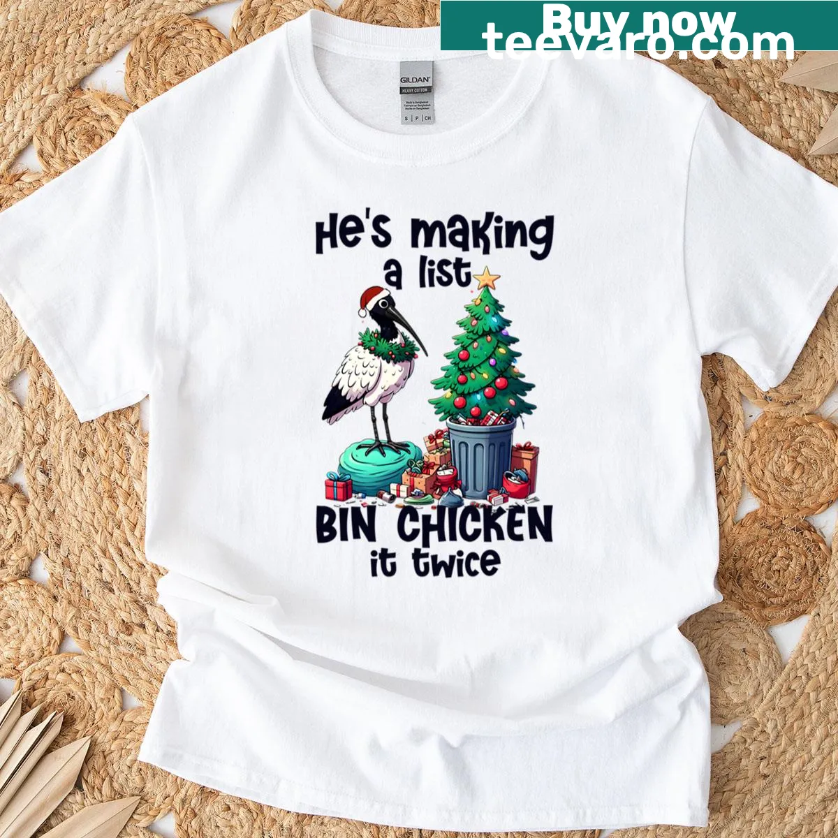 Funny Aussie Christmas T-shirt featuring a bin chicken — on a men's t-shirt