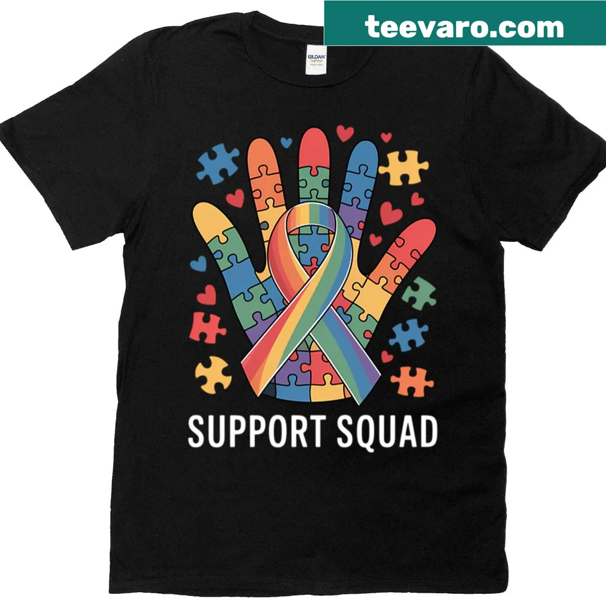 Autism awareness T-shirt with 'Autism Support Squad' text. — on a men's t-shirt