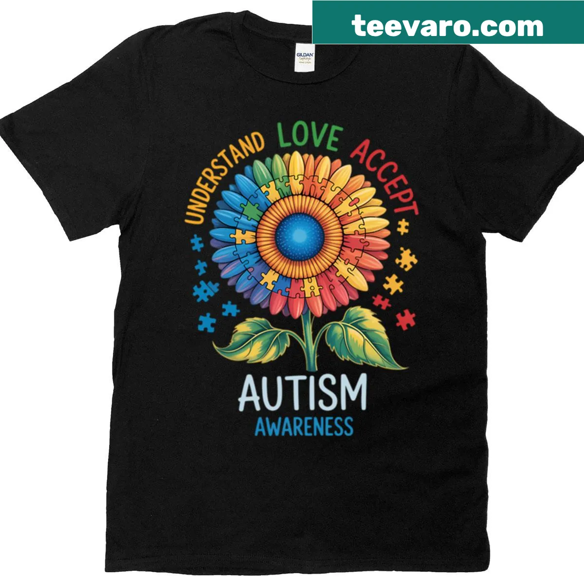 Autism awareness T-shirt featuring a cheerful sunflower design. — on a men's t-shirt