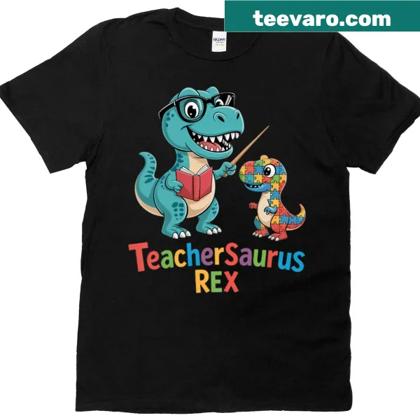 Illustrated dinosaur T-shirt with the text 'Teachersaurus'