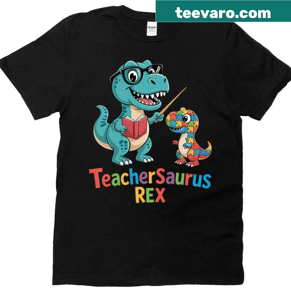 Illustrated dinosaur T-shirt with the text 'Teachersaurus' — on a men's t-shirt