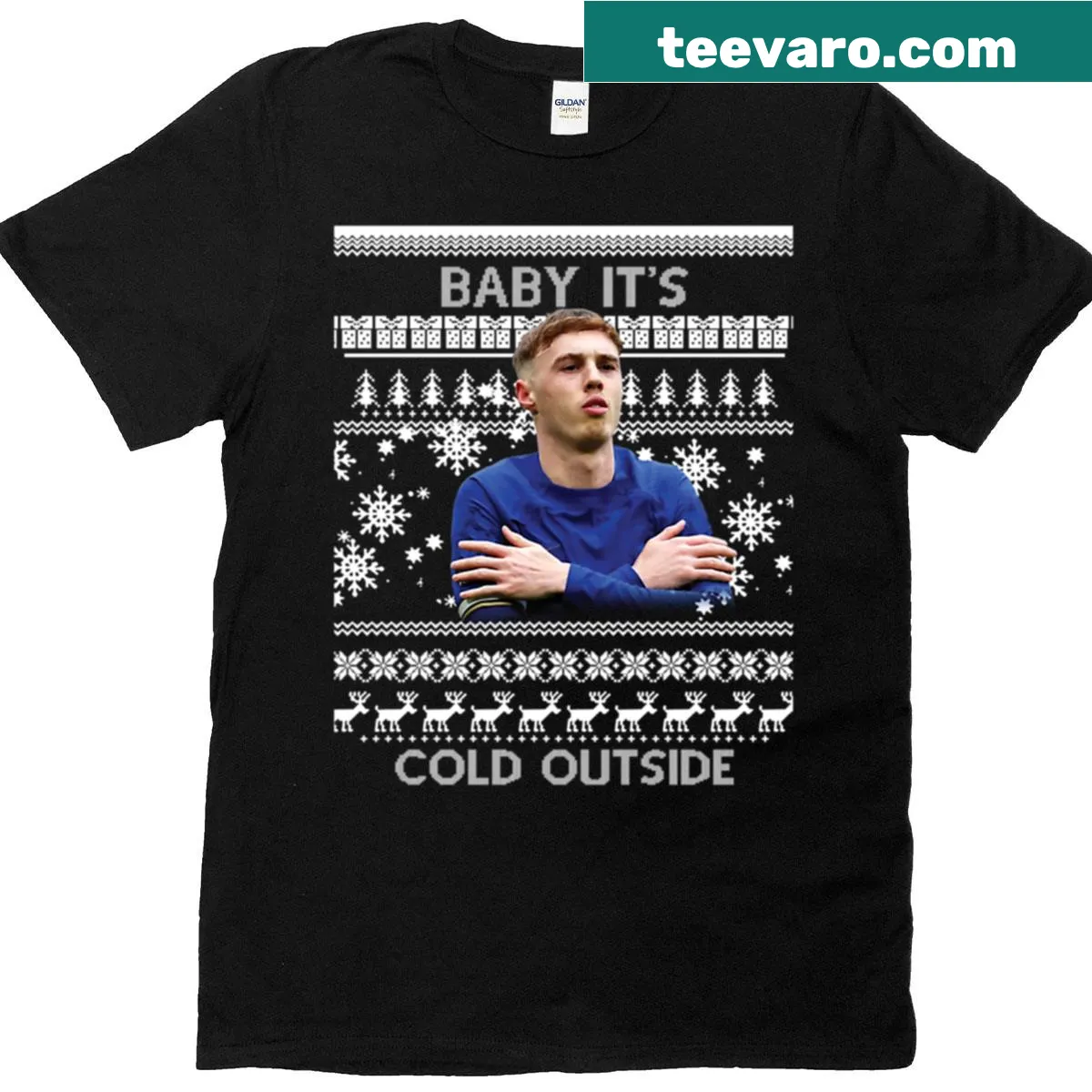 Cozy winter-themed Christmas T-shirt with playful graphics — on a men's t-shirt