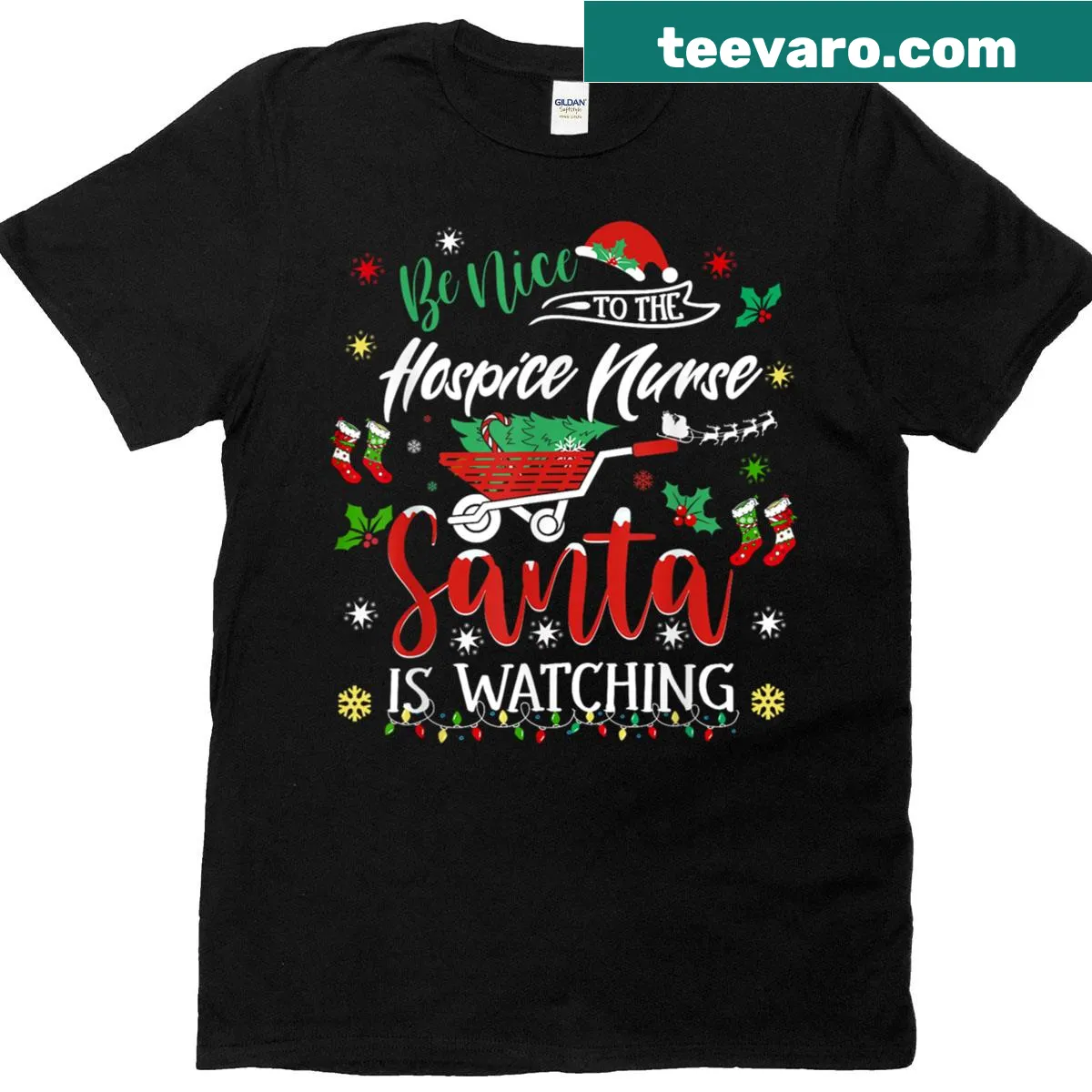 Holiday pajama shirt with 'Be Nice To The Hospice Nurse' text — on a men's t-shirt