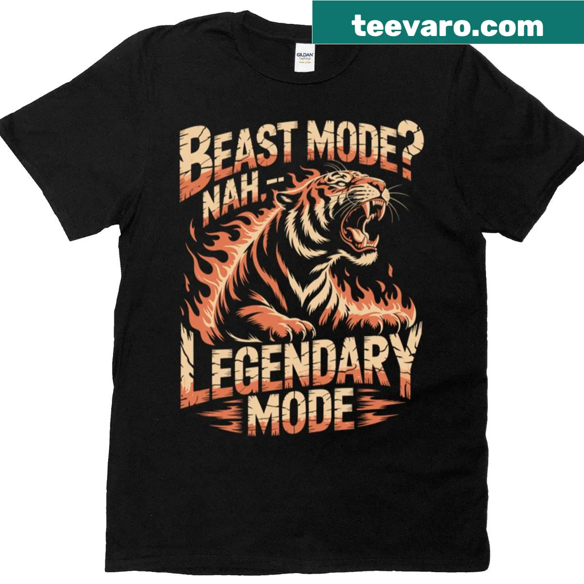 Bold tiger illustration with text 'Nah Legendary Mode' on t-shirt — on a men's t-shirt