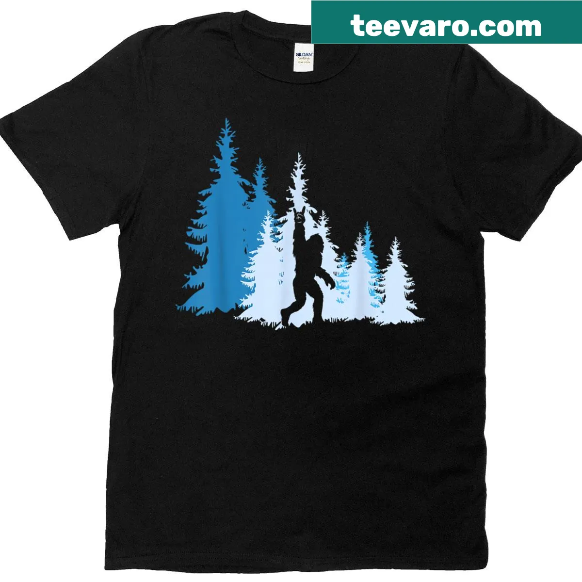 Funny Sasquatch illustration in a forest on a graphic tee. — on a men's t-shirt
