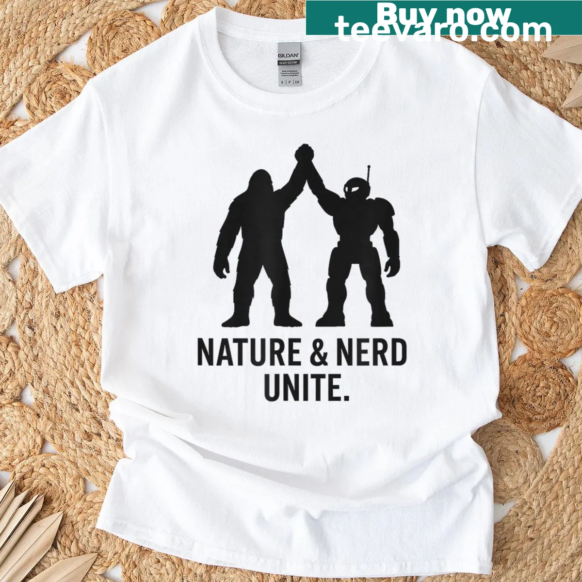 Silhouette of Bigfoot with a robot in a playful design — on a men's t-shirt