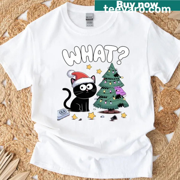 Funny Christmas T-shirt with black cat design.