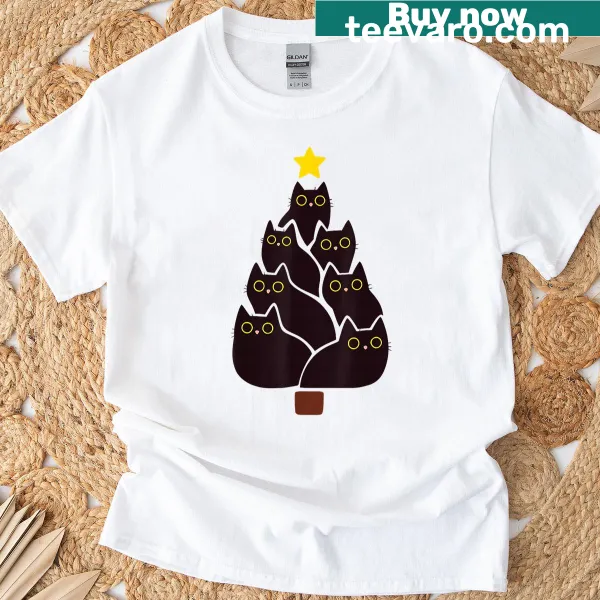 Funny t-shirt with black cats and Christmas tree illustration