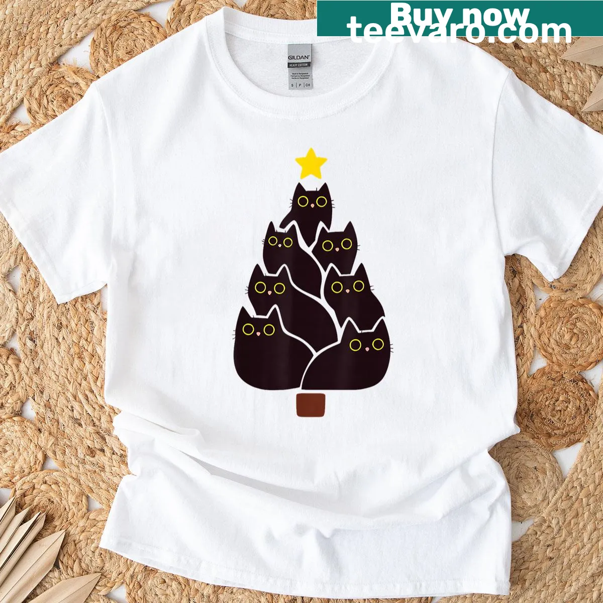 Funny t-shirt with black cats and Christmas tree illustration — on a men's t-shirt